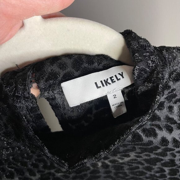 LIKELY Leopard Burnout Wylie Dress Size 2 Black Ruched Long Sleeve Mock Neck - Picture 9 of 10